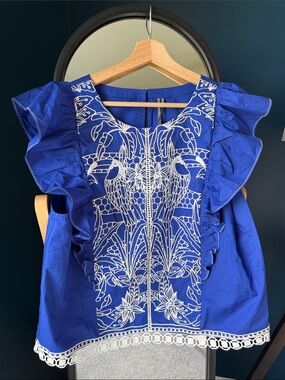 Anthropologie Royal Blue Embroidered Ruffle Sleeve Top - Farm Rio vibes